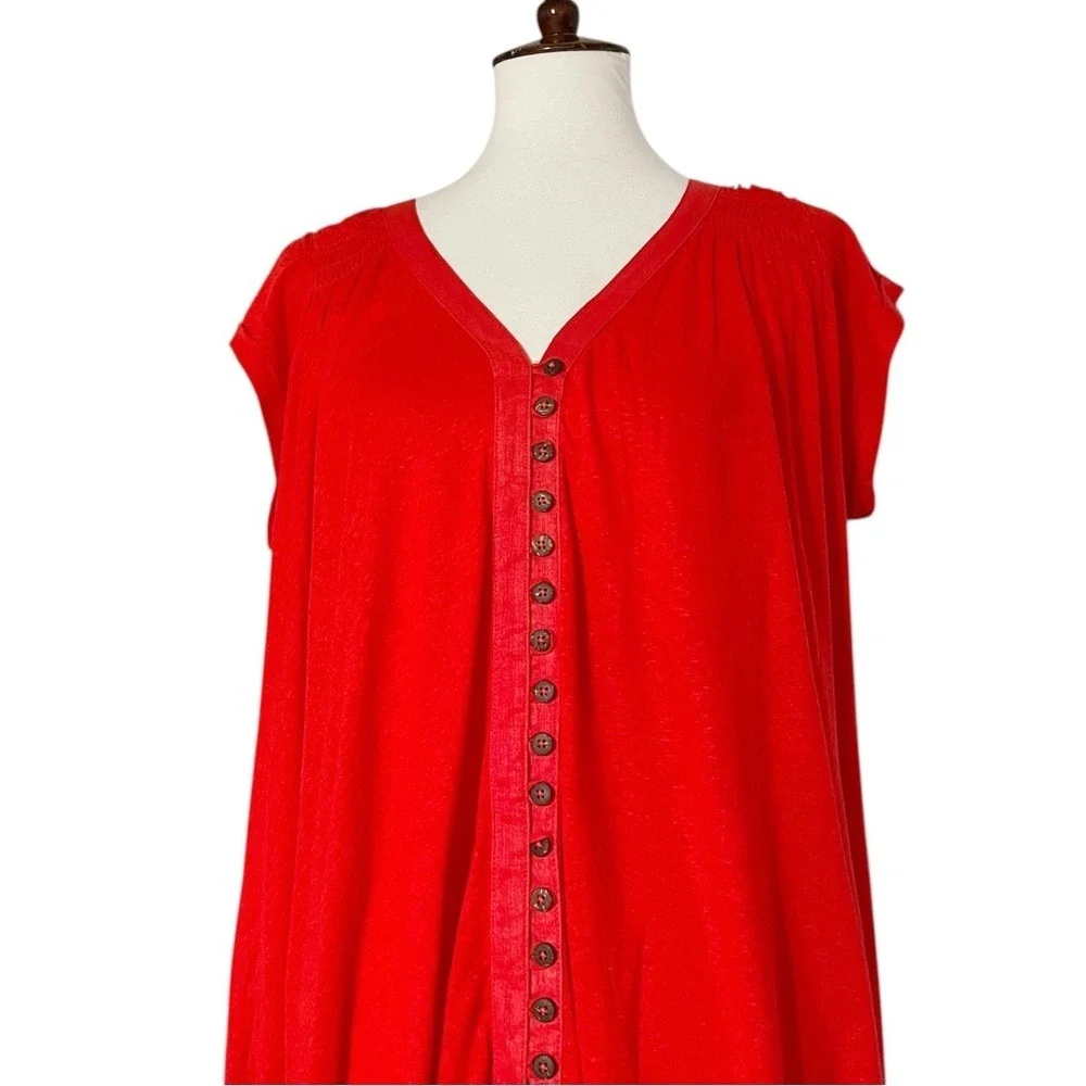 Free‎ People Highland V-Neck Linen Blend T-Shirt in Red Size XS